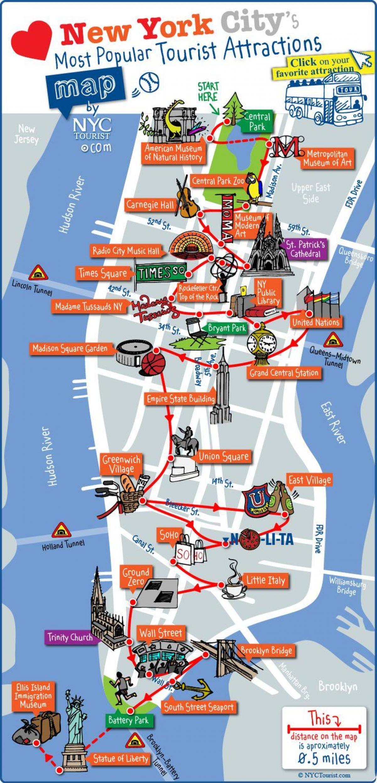 曼哈顿中城区景点的地图