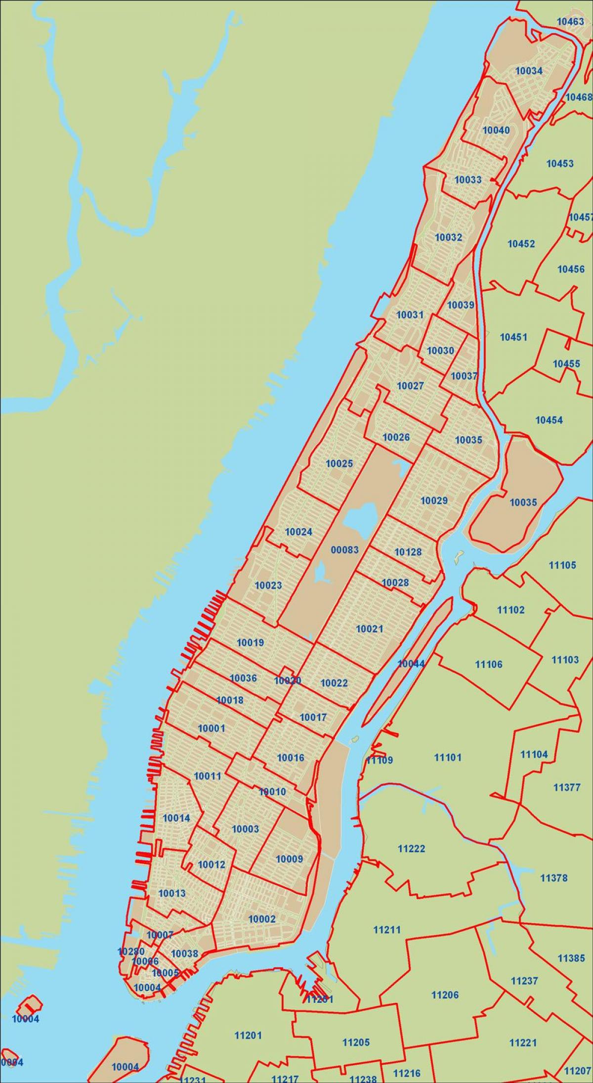 纽约的邮政编码的地图曼哈顿